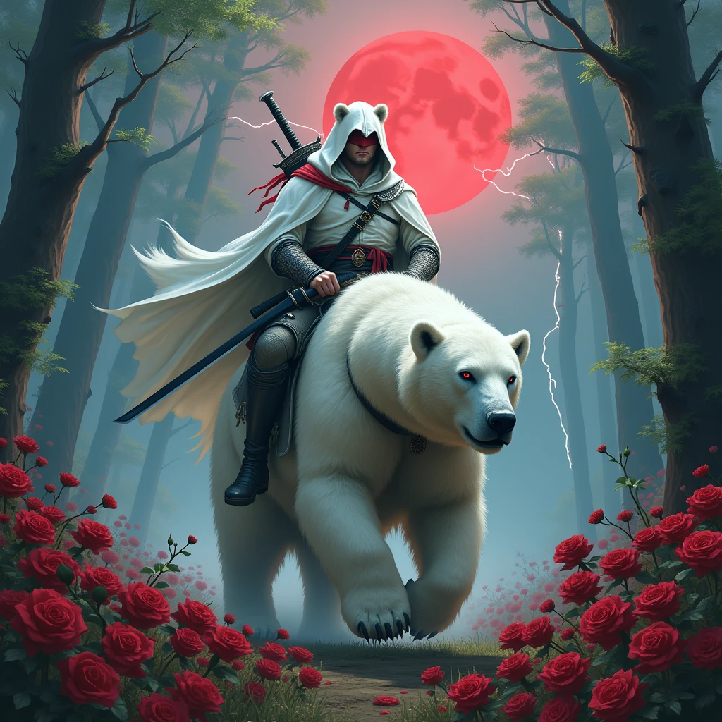 Godlike, in it a male knight with a white hood with bear ears and a katana at his back is riding a polar bear in a forest while the moon shines, many Roses cover the ground and lightning falls from the sky. The polar bear has black eyes and an aggressive appearance. Only the man wears a red blindfold. In the background of the picture is the blood moon. The forest is full of trees with leaves.