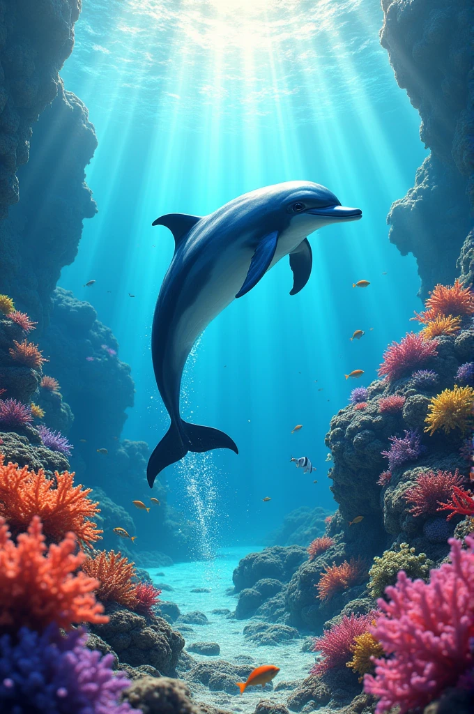 a dolphin jumping off the water in a coral reef, make it colourful