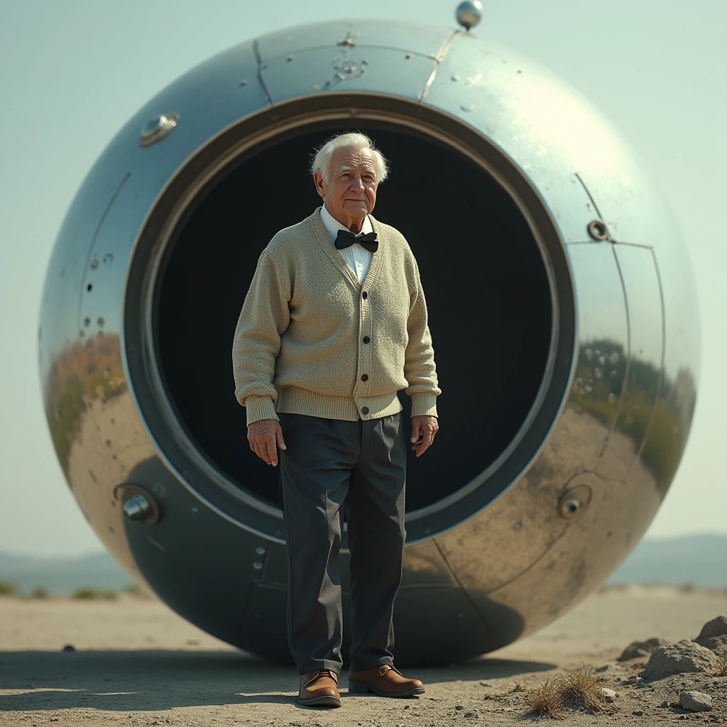 old man, cardigan sweater, bow tie, dark pants, brown shoes, stepping out of a massive mirror surfaced spherical spacecraft, photo realistic