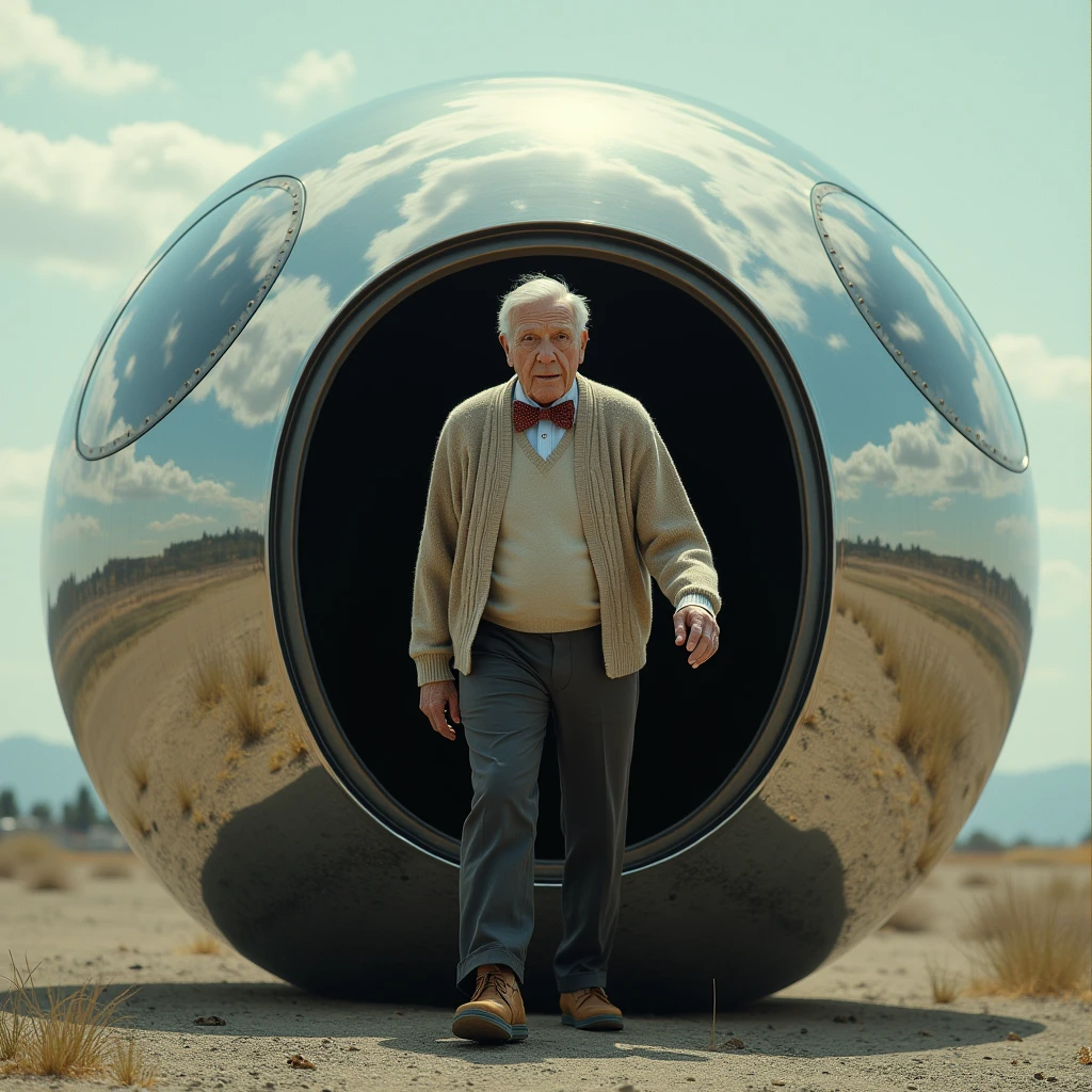 old man, cardigan sweater, bow tie, dark pants, brown shoes, stepping out of a massive mirror surfaced spherical spacecraft, photo realistic