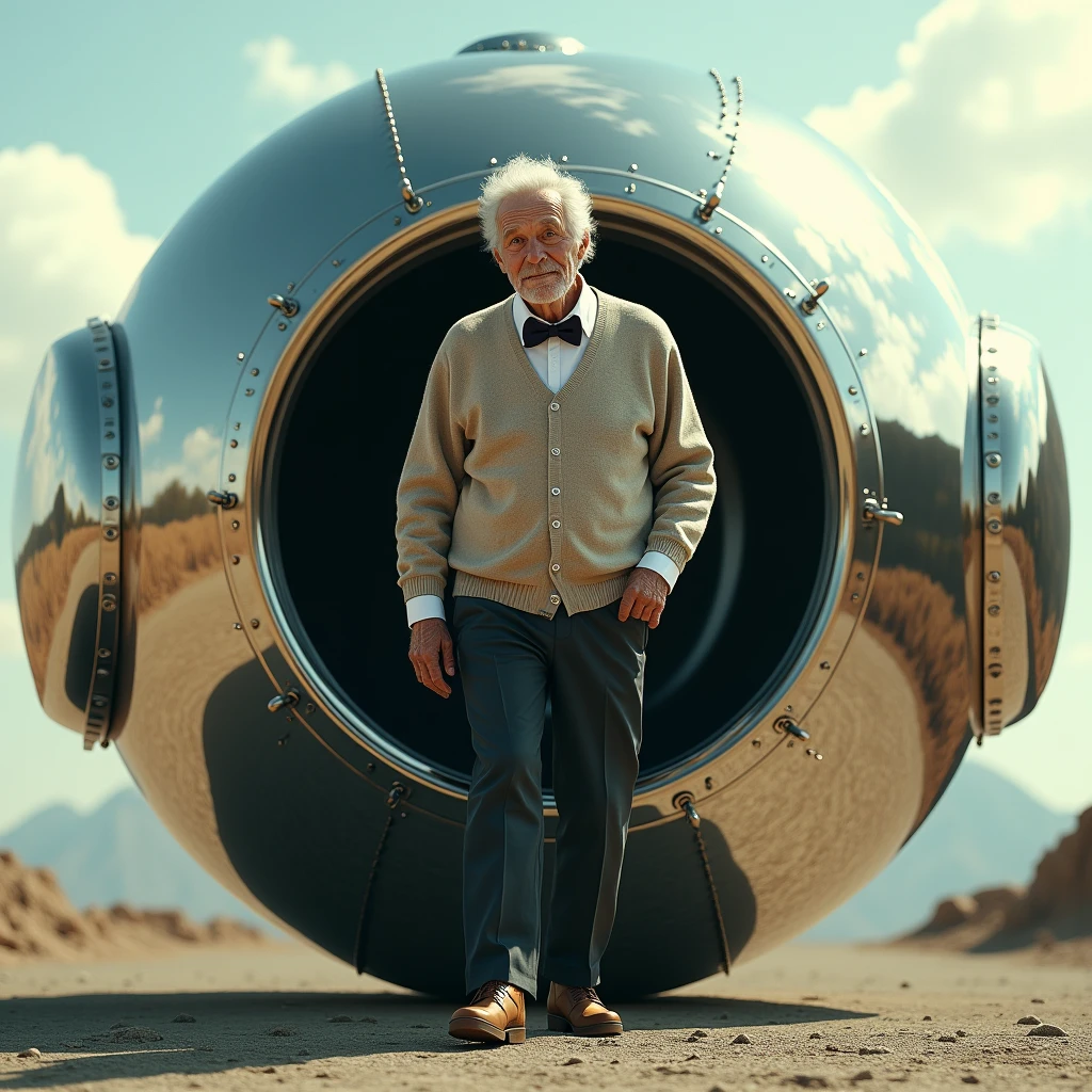 old man, cardigan sweater, bow tie, dark pants, brown shoes, stepping out of a massive mirror surfaced spherical spacecraft, photo realistic