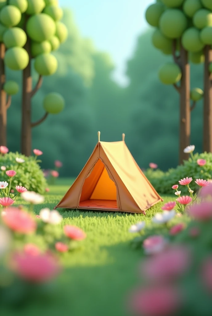 Camping in the forest, a 3D miniature scene of a tent surrounded by pink and white flowers and green trees, CAMPFIRE、The miniature landscape features a green grassland background, with axis shifting photography effects and ultra clear details. The dreamy fantasy realism style scenes are rendered using wide-angle lenses and depth of field, creating an octagonal paper art illustration style with blurred foreground