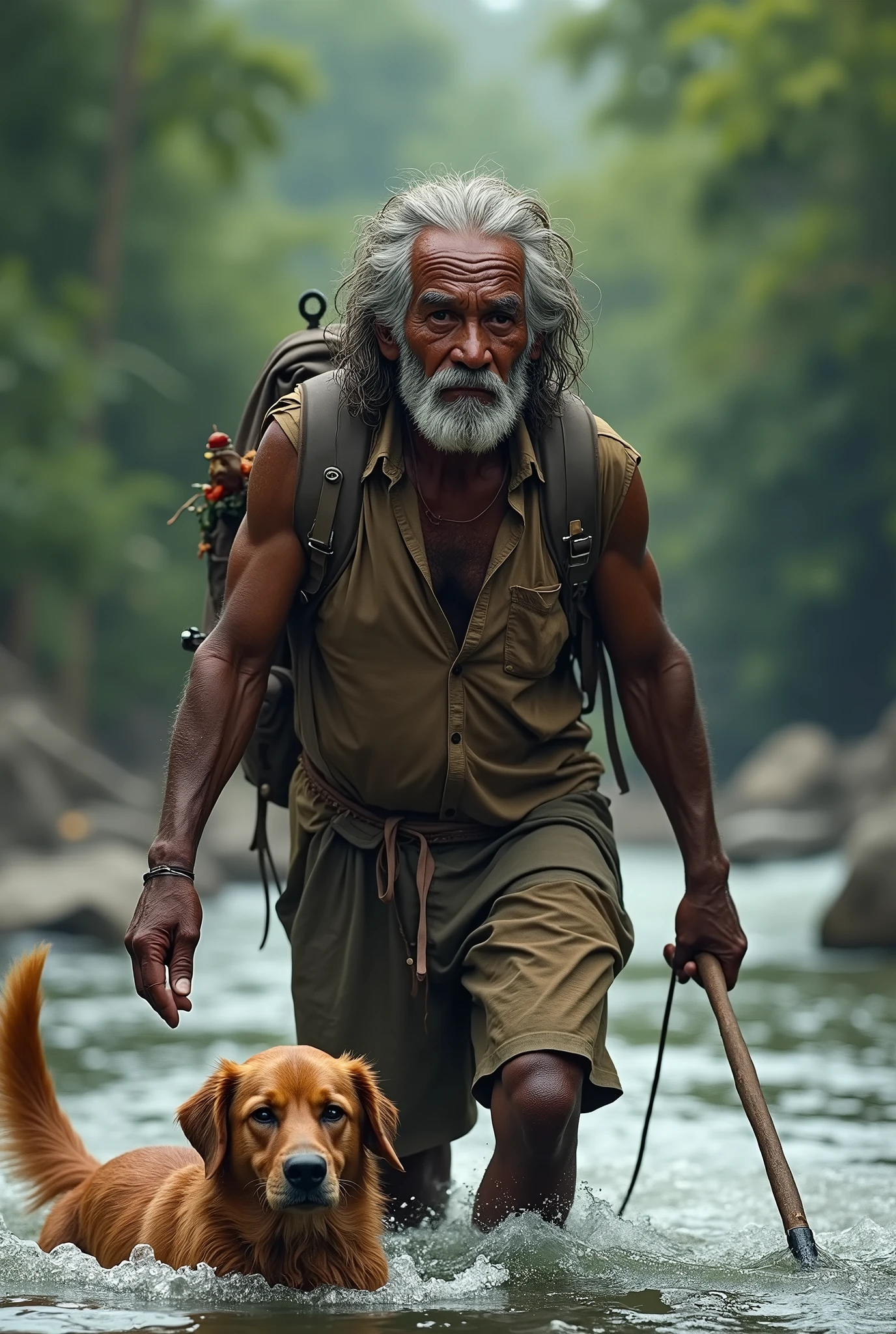 Photorealism 1.4 realistic realism high detailed definition Malaysia native aboriginal orang asli old man curly messy hair crossing river river stream dark skin weaver backpack smile faces jungle big river wearing loose shirt accessories on hair leaf wearing short hold stick river stream dog swimming by her side