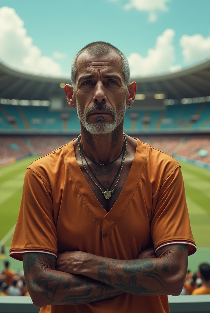 I want to illustrate the image of Javier Acosta, in the El Campin stadium with his blue millionaires shirt. Javier is a man who made the decision to undergo Eutonasia. He has expanders in his ears, arms and tattooed neck, with a thin build and a face that is haggard due to his illness.
I want him to be facing the camera in full body