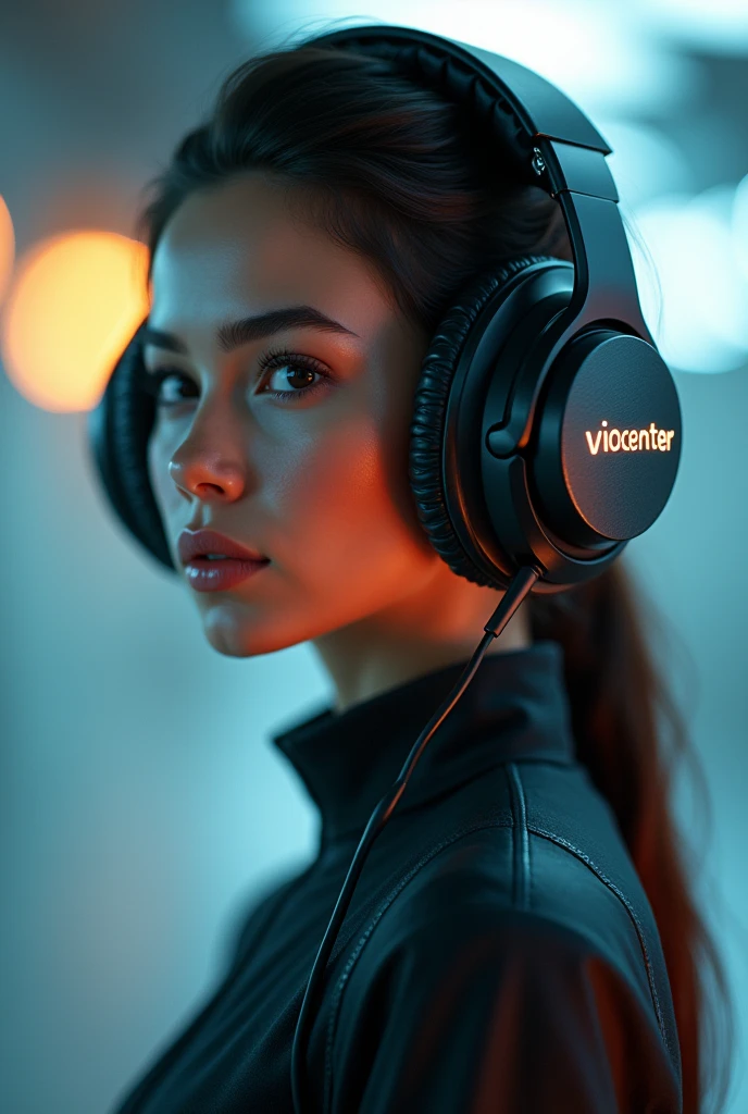 A girl with large headphones and placing the word VIOCENTER on the headphones to make an impact since the girl is an energy consultant