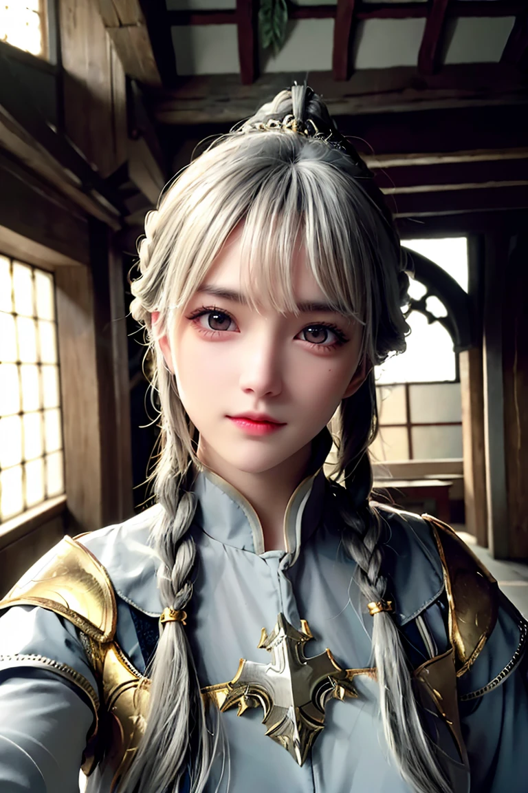 Highest quality, masterpiece,Gray Hair, Golden Eyes,knight, look up, Upper Body,hair,Fair skin,Side braid、knightの鎧、Inside the medieval castle