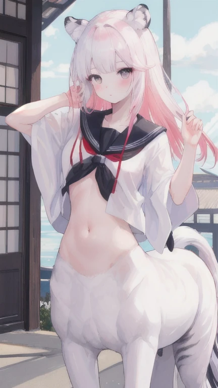 (best quality, masterpiece), 1 girl, centaur, I beg, White skin, Japanese schoolgirl,daughter,black pink, exposing the abdomen, belly button t-shirt , beautiful girl perfect, White tiger photo, 완벽한 White tiger photo