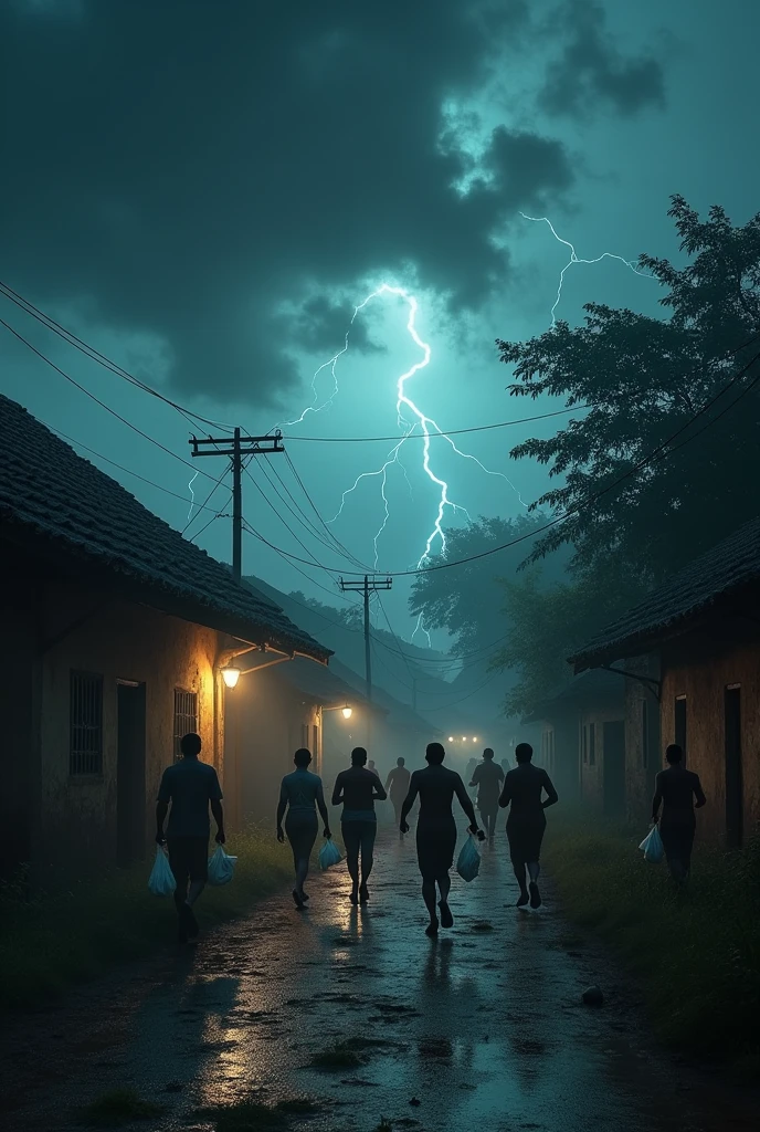 A Indian village with clay-tiled houses dark night with A strong wind like a storm with thunder 8 person
running with a plastic bag