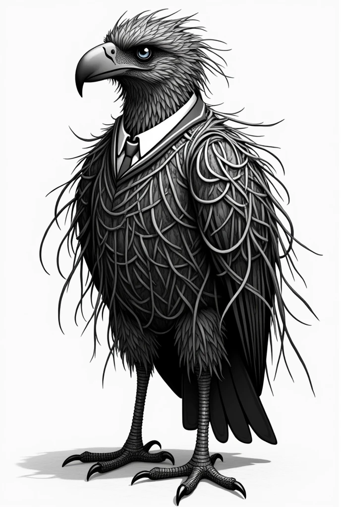 a caracara in black and white string, with a school uniform