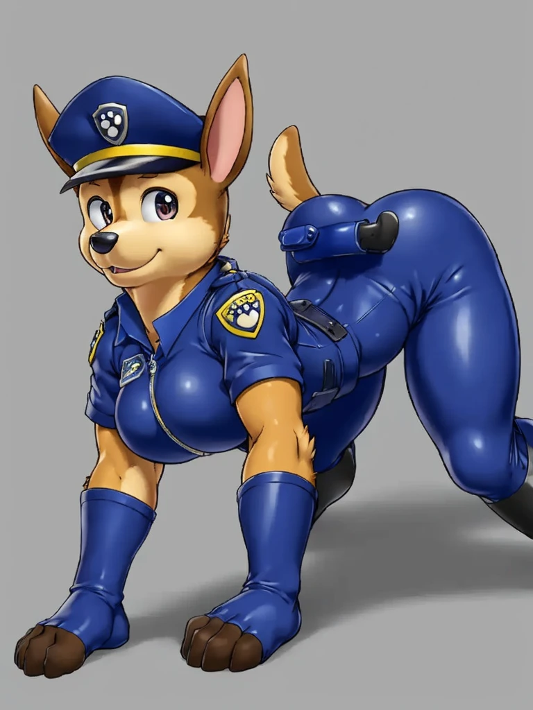 best quality,((dog)),(all fours),furry female anthro,HD,sharp,beautiful and detailed,woman ((anthro)),1girl,Milf, mature woman,(look at viewer) ,(perfect eyes),(chase-pp),by dr comet,by pochincoff, by jlullaby,by kingbang,by obui,by ZeroQrisu,by sparrow,by gmeen,police outfit,sexy outfit, seductive eyes,((simple background)),(gray background),