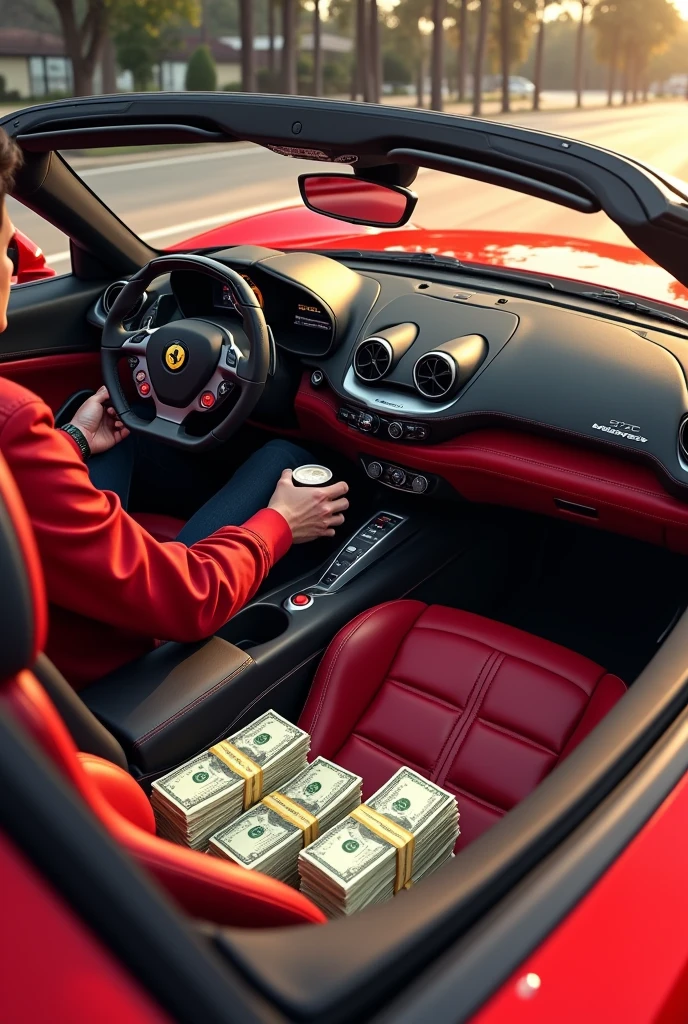 Sitting in a Ferrari having one hand on the staring and having coffee in other hand and on the having 1000 bundles of money on co-pilot seat.
