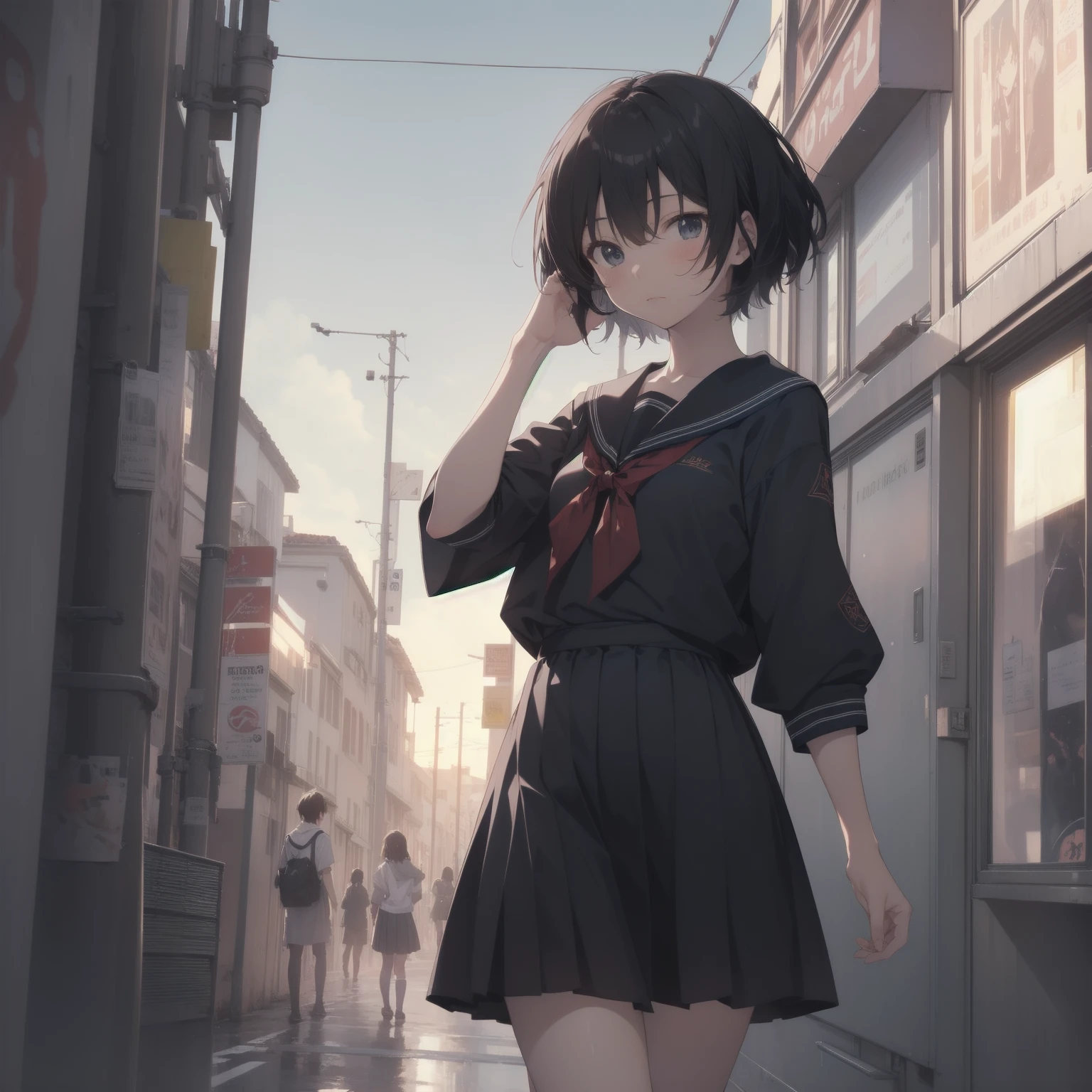 ultra-absurdres-Top quality by artist God, ultra-detailed, high resolution, anime moe artstyle, best anime 8k konachan wallpaper, pixiv contest winner, pool:2810, perfect ???????,break, 1girl, (Please draw a girl walking sleepily to school alone. )break,(Solo,little female,15yo:1.3),Full limbs, ,a junior high school student, (very short hair), short cut, flat chest, , small butt, small black eyes, beautiful detailed eyes, well-proportioned iris and pupils, expressive eyes, highres detailed hair, soft expression, salor school_uniform, sailor collar, serahuku, bow, pleated skirt,(Detailed Lighting), (Detailed background), in the School commute route. break,super detailed skin, Best cinematic lighting powered by famous artist, 8k,beauty illustration,photoshop_(medium),very aesthetic,break,((artist:takeuchi_takashi )), artist:clamp ,artist:carnelian ,artist:kantoku ,
