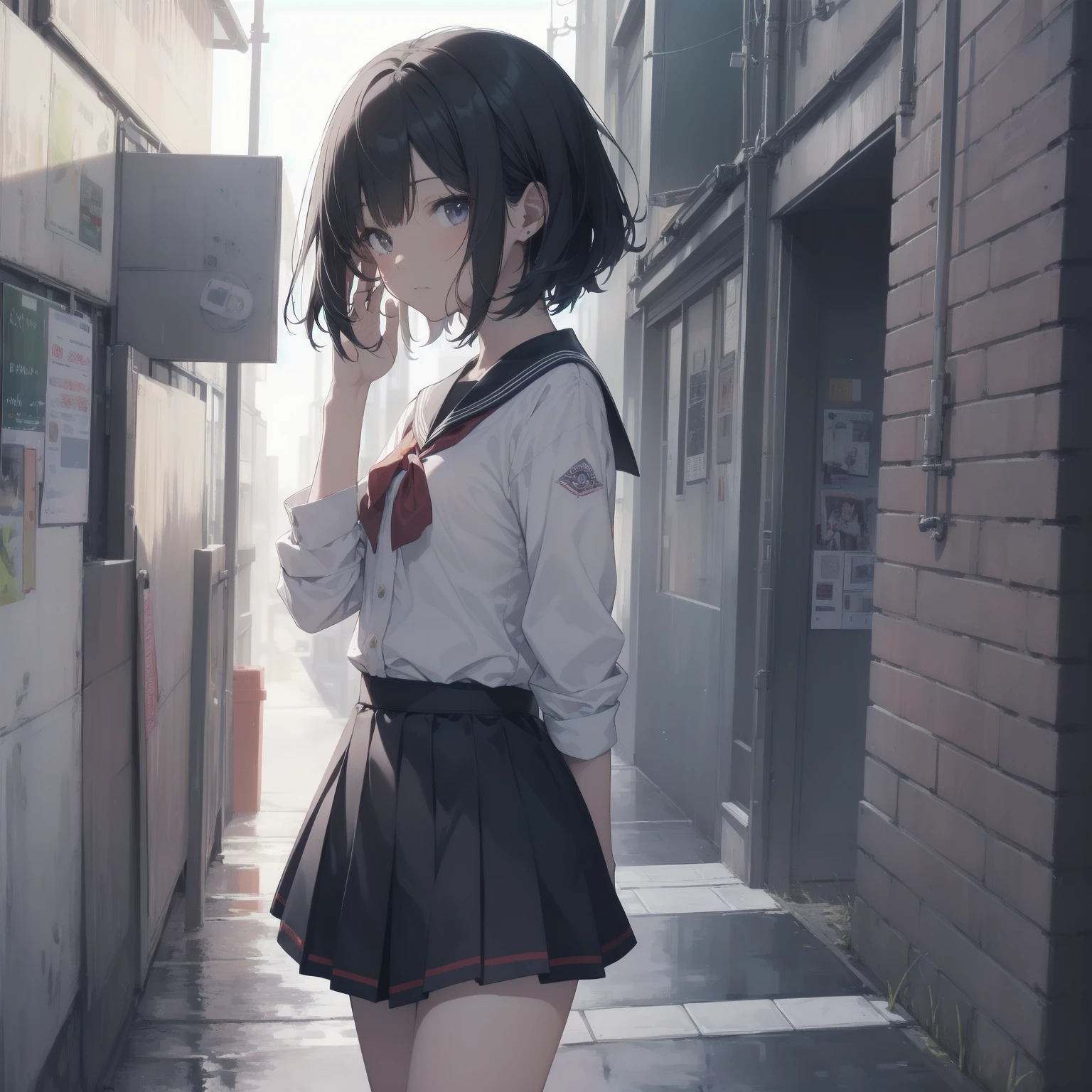 ultra-absurdres-Top quality by artist God, ultra-detailed, high resolution, anime moe artstyle, best anime 8k konachan wallpaper, pixiv contest winner, pool:2810, perfect anatomy,break, 1girl, (Please draw a girl walking sleepily to school alone. )break,(Solo,little female,15yo:1.3),Full limbs, ,a junior high school student, (very short hair), short cut, flat chest, , small butt, small black eyes, beautiful detailed eyes, well-proportioned iris and pupils, expressive eyes, highres detailed hair, soft expression, salor school_uniform, sailor collar, serahuku, bow, pleated skirt,(Detailed Lighting), (Detailed background), in the School commute route. break,super detailed skin, Best cinematic lighting powered by famous artist, 8k,beauty illustration,photoshop_(medium),very aesthetic,break,((artist:takeuchi_takashi )), artist:clamp ,artist:carnelian ,artist:kantoku ,