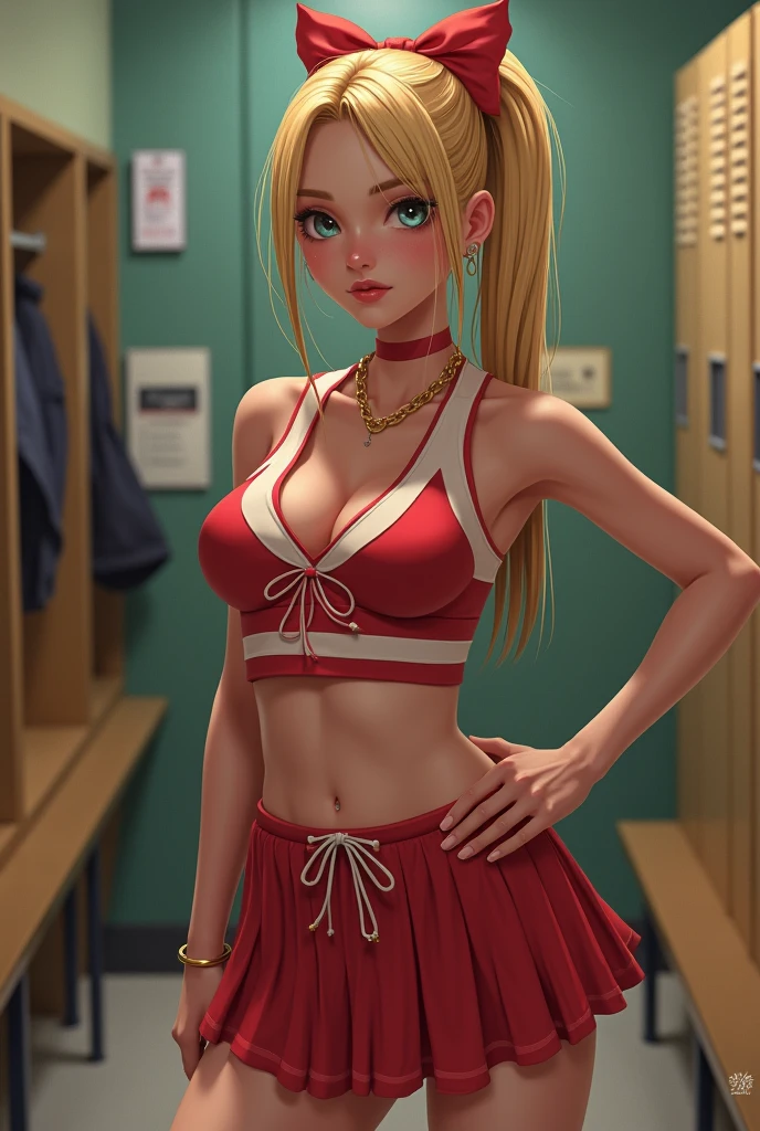 1 very young looking skinny teen girl in shot posing , very slim tight skinny super model bod, 16y, blond ponytail with bow professional hairstyle, in a high school locker room, wearing a sexy slutty escort satin cheerleader push up top with big tits and bare cleavage with pleated cheerleader miniskirt and bows fashion, very toned abs with navel piercing, flirting