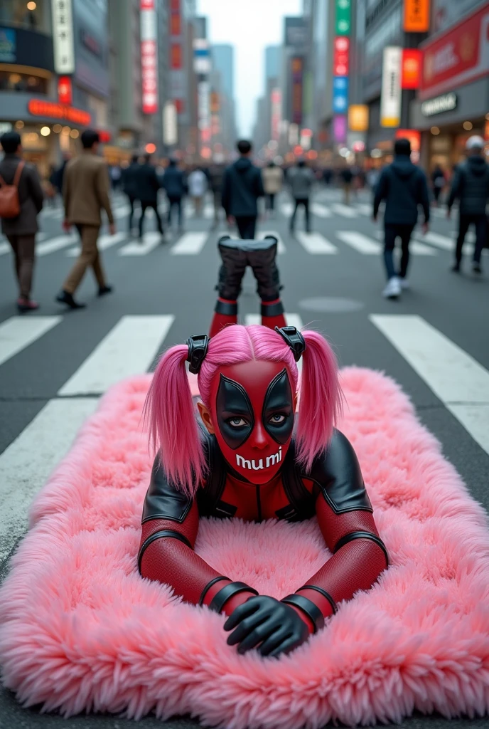 ((Highest quality)), ((masterpiece)), (photograph), ((from above)), ((40 years old)), ((Japanese women)), ((Deadpool costume and mask)), (((The word &quot;mu mi&quot; is written in white letters on the mouth.))), Deadpool woman with pink hair and twin tails, Lying on a fluffy pink bath mat at Tokyo&#39;s Scramble Crossing, Surrounded by passers-by, 