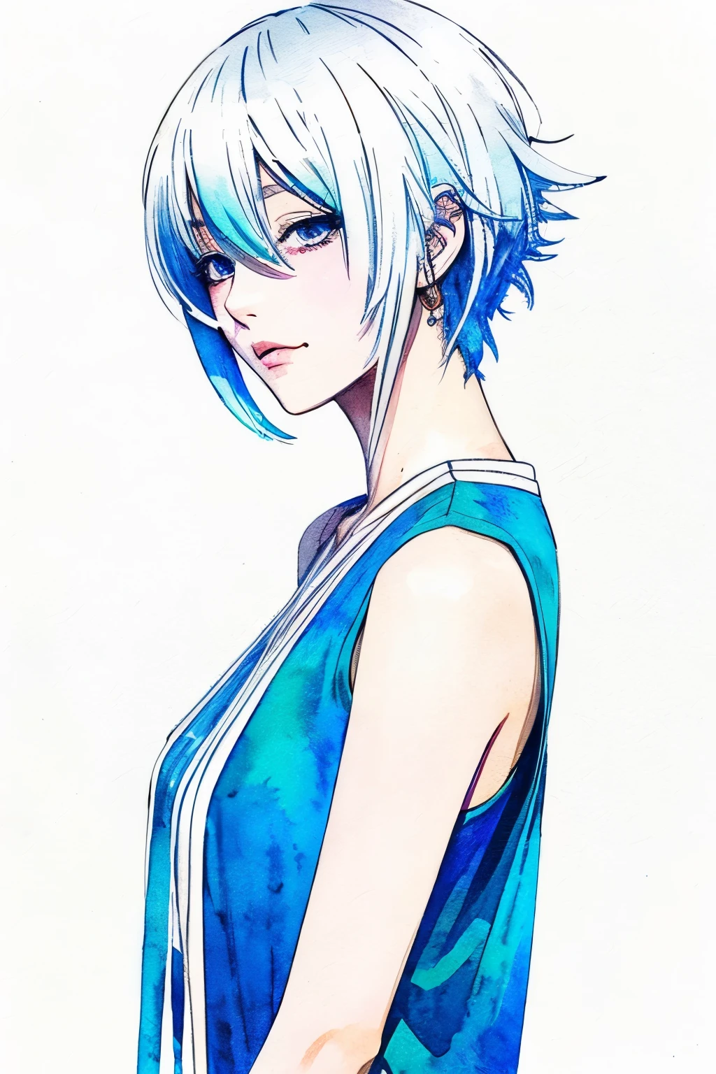 Watercolor、(Illustration style)、(Showa Anime)、Woman looking this way、(highest quality)、Stylish, detailed background、medium length Hair, bleach hair color, Japanese girl