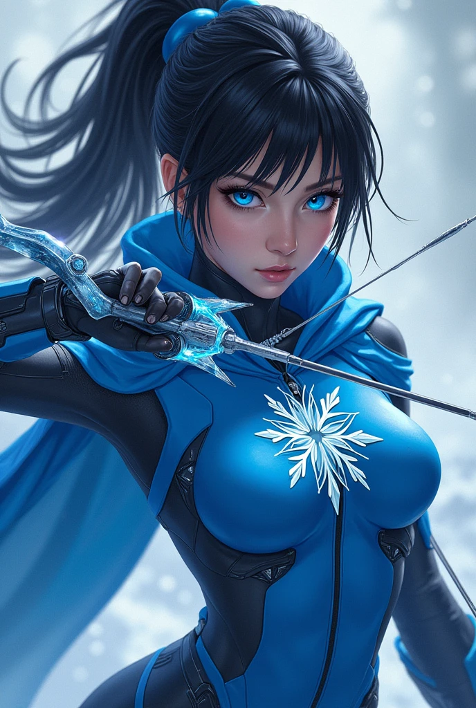 Woman, blue eyes, black hair, cuberpunk blue costume, ice bow in hand cuberpunk, picture of a snowflake on the suit chest, cuberpunk blue cloak