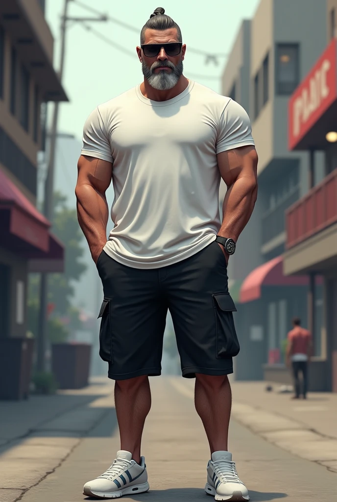 Caucasian man, 2, gray gradient haircut, muscular, 85kg, Athletic, gray gradient beard, Basic white t-shirt, Black cargo shorts, White sneakers, bonitas, 4K, front pose, GTA LOS SANTOS style sunglasses