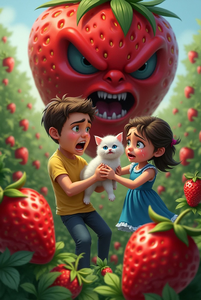 A man clean shave with brown eyes in yellow t shirt with anger snatched the little white kitten with blue eyes with girl with blue eyes and blue frock and girl and kitten are crying in the strawberry garden a big evil strawberry come to save girl and cat AI image