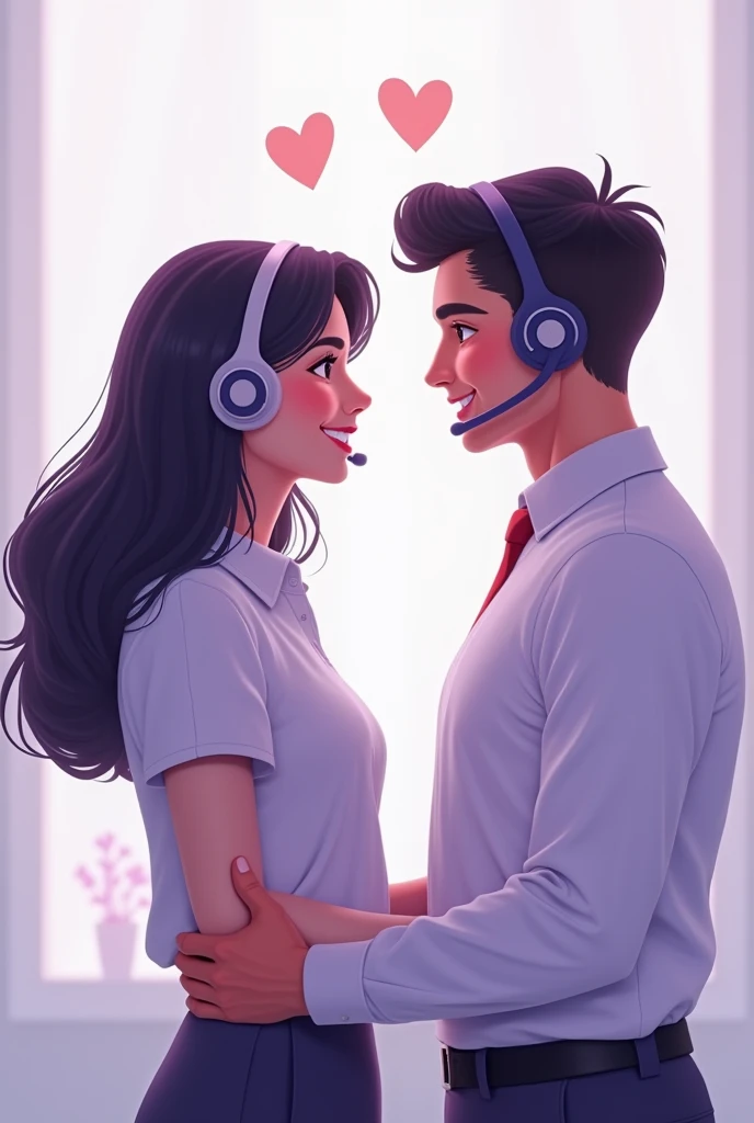Create visual for 2 people connecting to each other again. Put arrows saying theyre reconnected after 180 days. Violet white theme, half body shot, headset on like call center