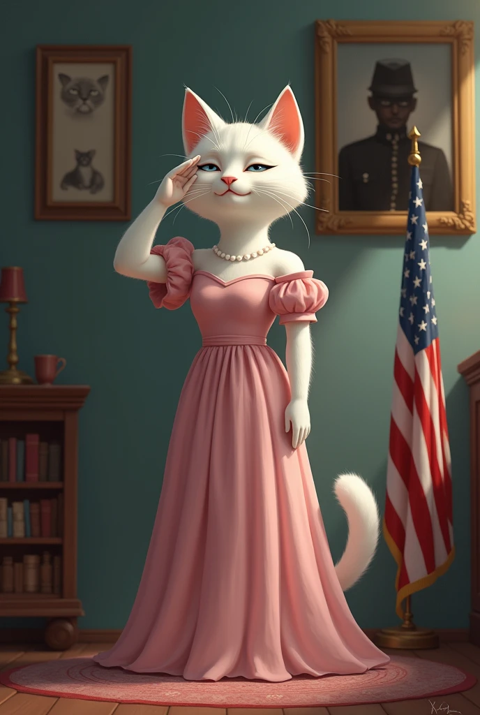 Image 5**: A beautiful white cat,wearing a pink grown dress  the wife of the long black army cat, is seen crying and saluting. The expression on her face is one of deep sorrow and respect, with her eyes filled with tears. The scene conveys a sense of loss and the pride of a soldier's sacrifice, with a framed photo of the fallen cat on the wall and a small flag by her side.
