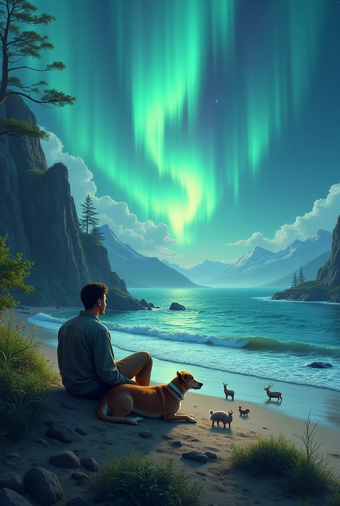 Guy sitting at the beach in northen lights with dog aside and more many animals