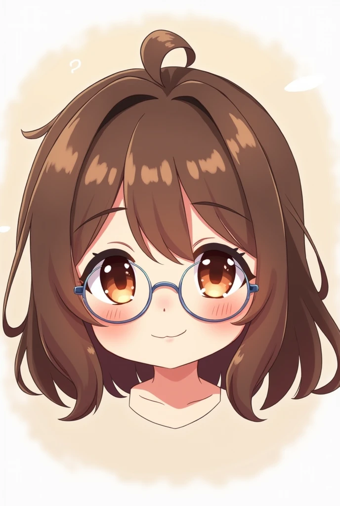 Various cute expressions,Anime baby face suitable for Twitch emoticons. Wearing round transparent glasses, Long brown hair,No bangs, Brown eyes and round cheeks. Cartoon style image