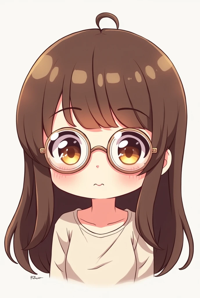 Various cute expressions,Anime baby face suitable for Twitch emoticons. Wearing round transparent glasses, Long brown hair,No bangs, Brown eyes and round cheeks. Cartoon style image
