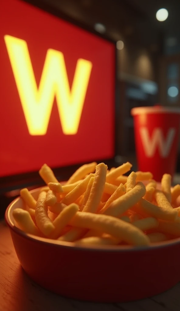 (masterpiece, best quality:1.2), (detailed, hyper-detailed, 8K HD, ultra-realistic:1.3), a scene where the "Wack" logo appears prominently on the screen. The "W" is emphasized, with a subtle silhouette of fries in the background. The overall design is simple, yet the logo and fries are visually striking. The warm lighting illuminates the scene, with the background kept minimal to allow the silhouette of the fries to softly stand out. The image is rendered in ultra-high resolution, RAW photo quality, capturing every detail with sharp clarity.
