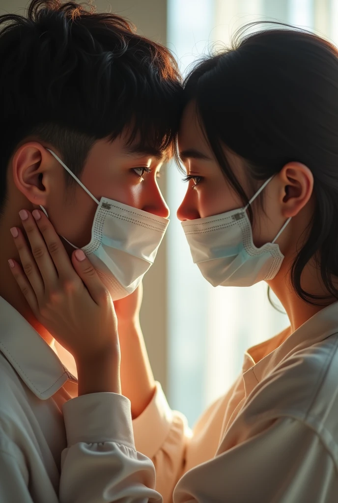 cute masked japanese girlfriend putting on surgical mask for opposite boyfriend. Front view. Photo realism