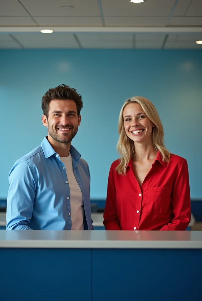 a formal image of a man and woman separated is not realistic, with blue clothing, white and red, Grinning, behind a gray and navy blue service counter.
Format for website background screen