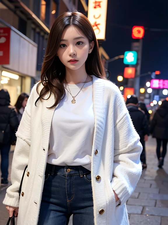 Night Street Corner。In the crowd、A woman wearing a white sweater, a black coat and jeans。