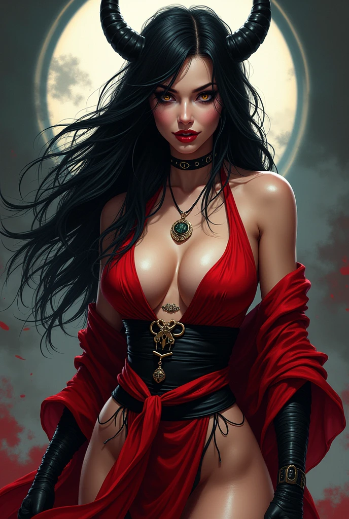 A gorgeous demon female, with long beautiful black hair, Golden Eyes, Use blood magic power, Has vampire fangs , Flirtatious smile on her face, wearing a kimono that looks like an assin's outfit , Sexoses , Comic style , by mortal Kombat