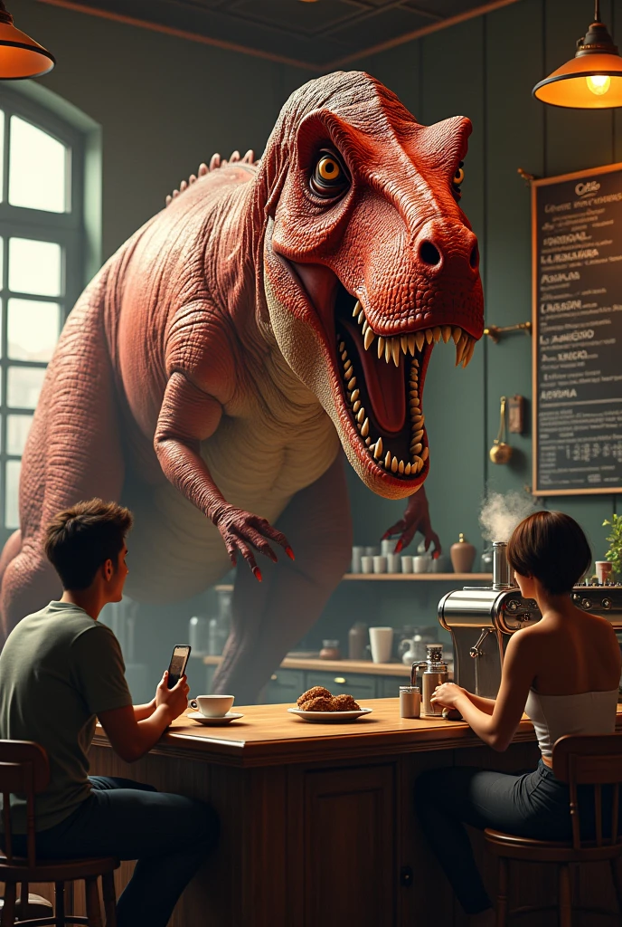 A red dinosaur T-rex appears behind the counter of a classic cafe.、The staff will hand you a cup of drip-brewed coffee at a leisurely pace.、From diagonally ahead