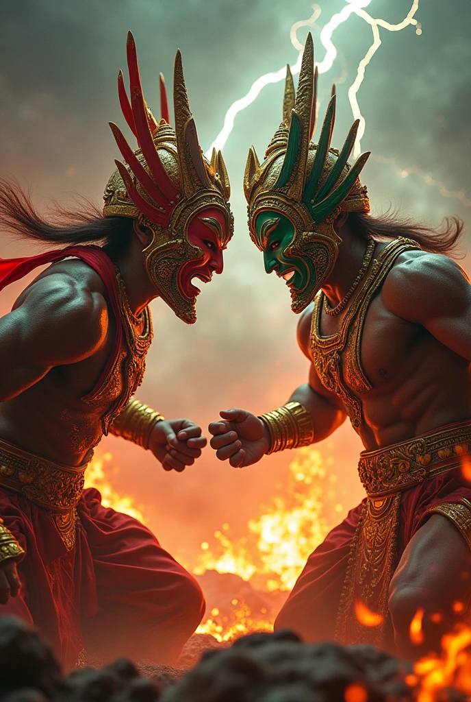 two traditional Thai characters engaged in a dramatic battle scene, with one character wearing a red mask and the other wearing a green mask. Both characters should be adorned in ornate, golden-trimmed traditional attire, complete with intricate details and patterns. They should be positioned against a backdrop of a fiery landscape with molten lava and embers, under a stormy sky crackling with lightning to enhance the intensity and realism of the scene.