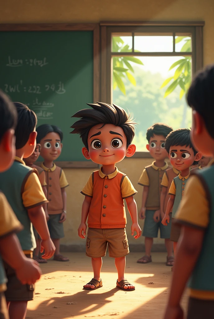 Background: The village school, a simple building with a chalkboard visible through a window. There could be villagers in the background, watching Bholu with admiration.