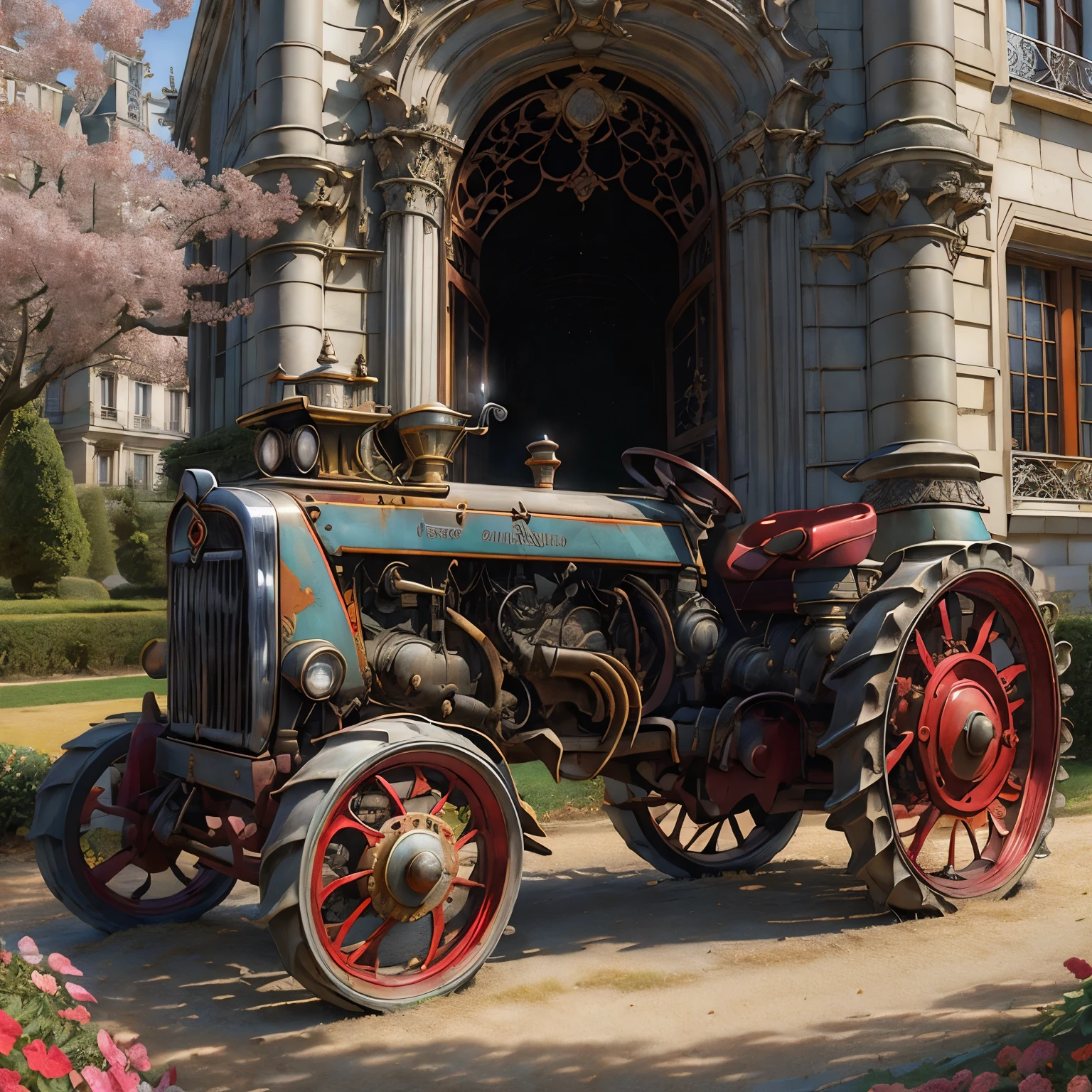 The Paris Mint, Versailles Castle, Detailed castle facade, Exquisite carving, Lush garden, Bright flowers, wood々Sunlight shining through the gaps, Eye-catching red and silver tractor, The tractor is made with great attention to detail., high resolution, Vibrant colors, Carefully crafted lighting. The French National Mint with the Palace of Versailles in the background、It stands out as a red and silver tractor.