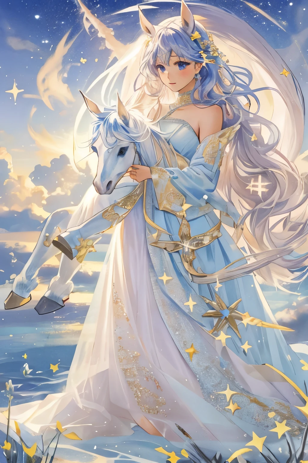 (Highest quality, masterpiece, High resolution), ((Fantasy))、 (Girl Centaur:1.2)、(A cute girl with a horse-like lower body:1.2), (Beautiful Face)、Beautiful Hair、The starry sky adorns her hair, Translucent dress, white royal dress, Elegant white dress, Fantasy Dress, Elegant Dresses, Magical Dress, Romantic Dresses, intricate Fantasy Dress, with shining flowers、meteor, milky way, Star Cloud, embroidery, Backlight、amazing splash、 bright,