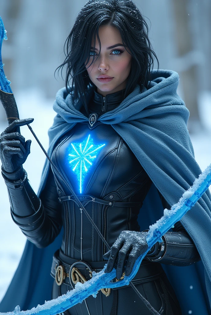 Woman, blue eyes, black hair, cuberpunk blue iron costume, ice bow in hand cuberpunk, picture of a snowflake on the suit chest, cuberpunk blue cloak