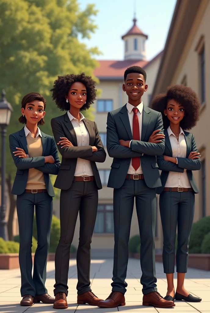 Two black boys and two mature girls in a university background. The two boys are properly dressed. The two girls are properly dressed and crossing their arms.