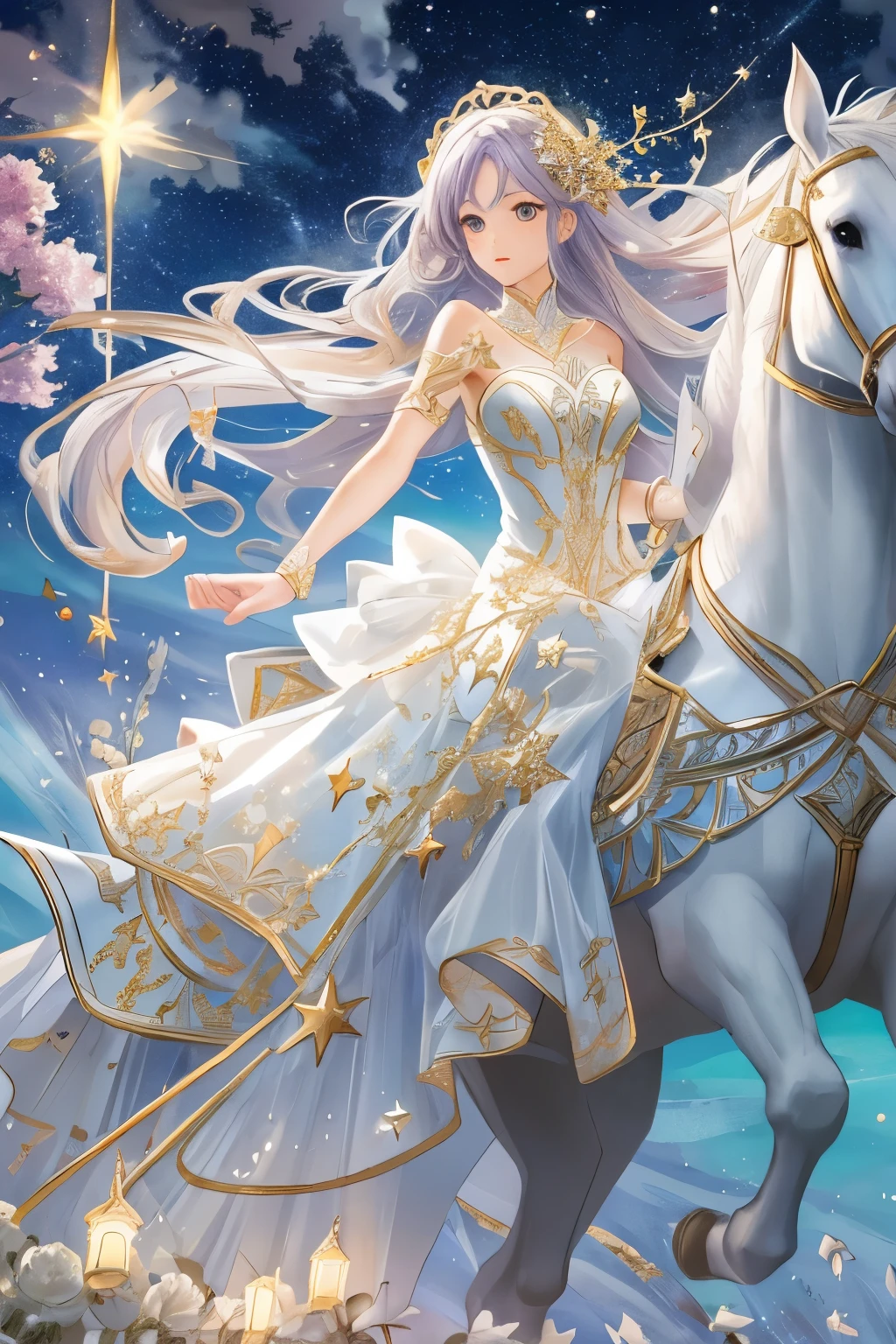 (Highest quality, masterpiece, High resolution), ((Fantasy))、 (Girl Centaur:1.2)、(A cute girl with a horse-like lower body:1.2), (Beautiful Face)、Beautiful Hair、The starry sky adorns her hair, Translucent dress, white royal dress, Elegant white dress, Fantasy Dress, Elegant Dresses, Magical Dress, Romantic Dresses, intricate Fantasy Dress, with shining flowers、meteor, milky way, Star Cloud, embroidery, Backlight、amazing splash、 bright,