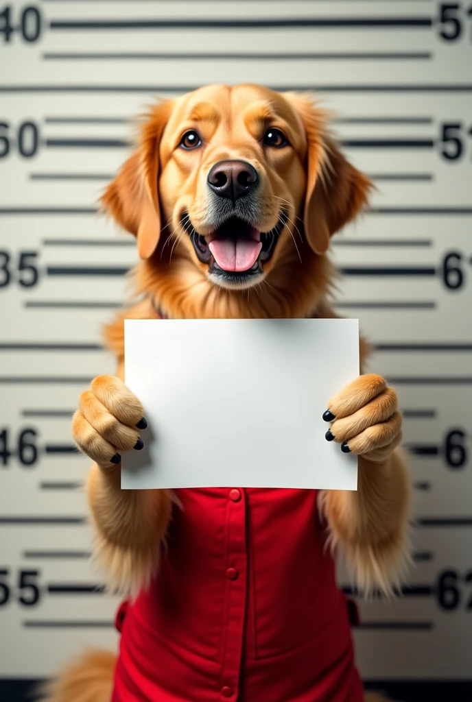 Golden retriever in red overalls taking photo sideways holding paper in police mugshot