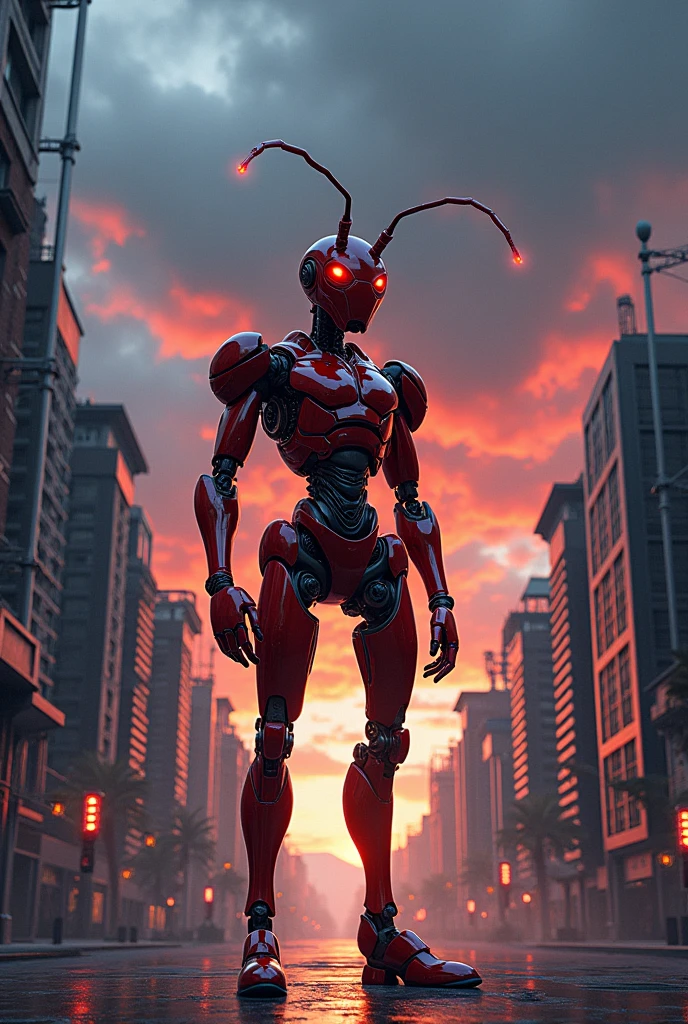 Creat a back and red iron ant which standing in the street just like human and cloud colour is red and dark blue 