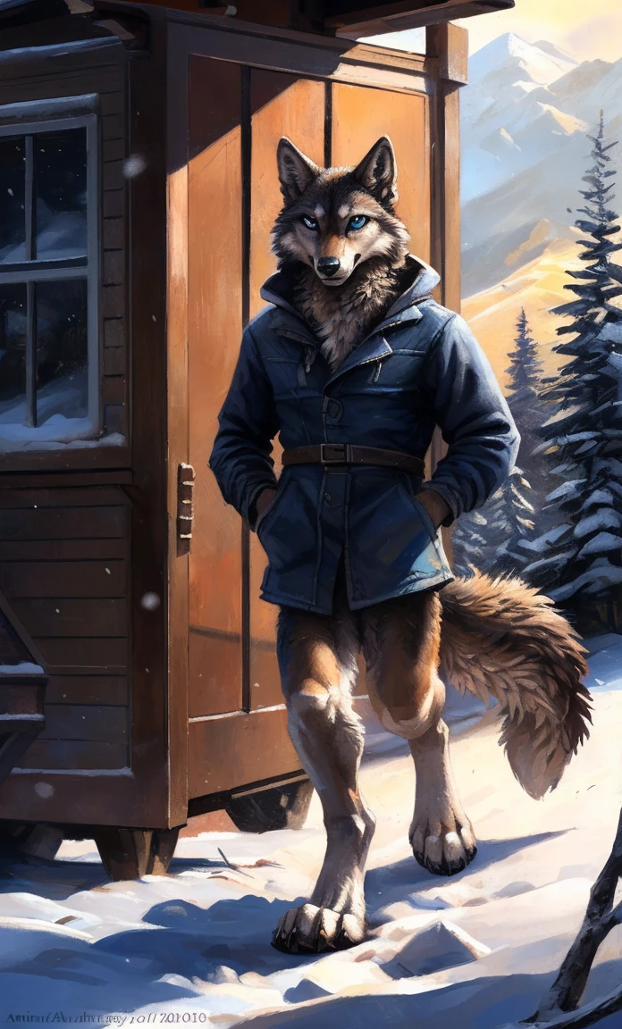 ((Solo)), male people, anthro wolf, (Multi-colored fur, White-brown:1.3,White tail pointed), (Height 2.1m,Tail length 1.2m), ((Wolf face, Big eyes, White eyelids, Blue pupil, Slim:1.2) (Tough, Calm expression:1.2)), Slim, pinging)), (Correct anatomy), (Winter clothing:1.1), The upper body naked, (detailed outfits),A long big tail,Feet,(Realistic fur, Detailed fur texture, labeled:1.3)), (Natural lighting), Photorealistic, Hyperrealistic, ultradetailed, by Kenket,Snowfield,erect through,Running on
