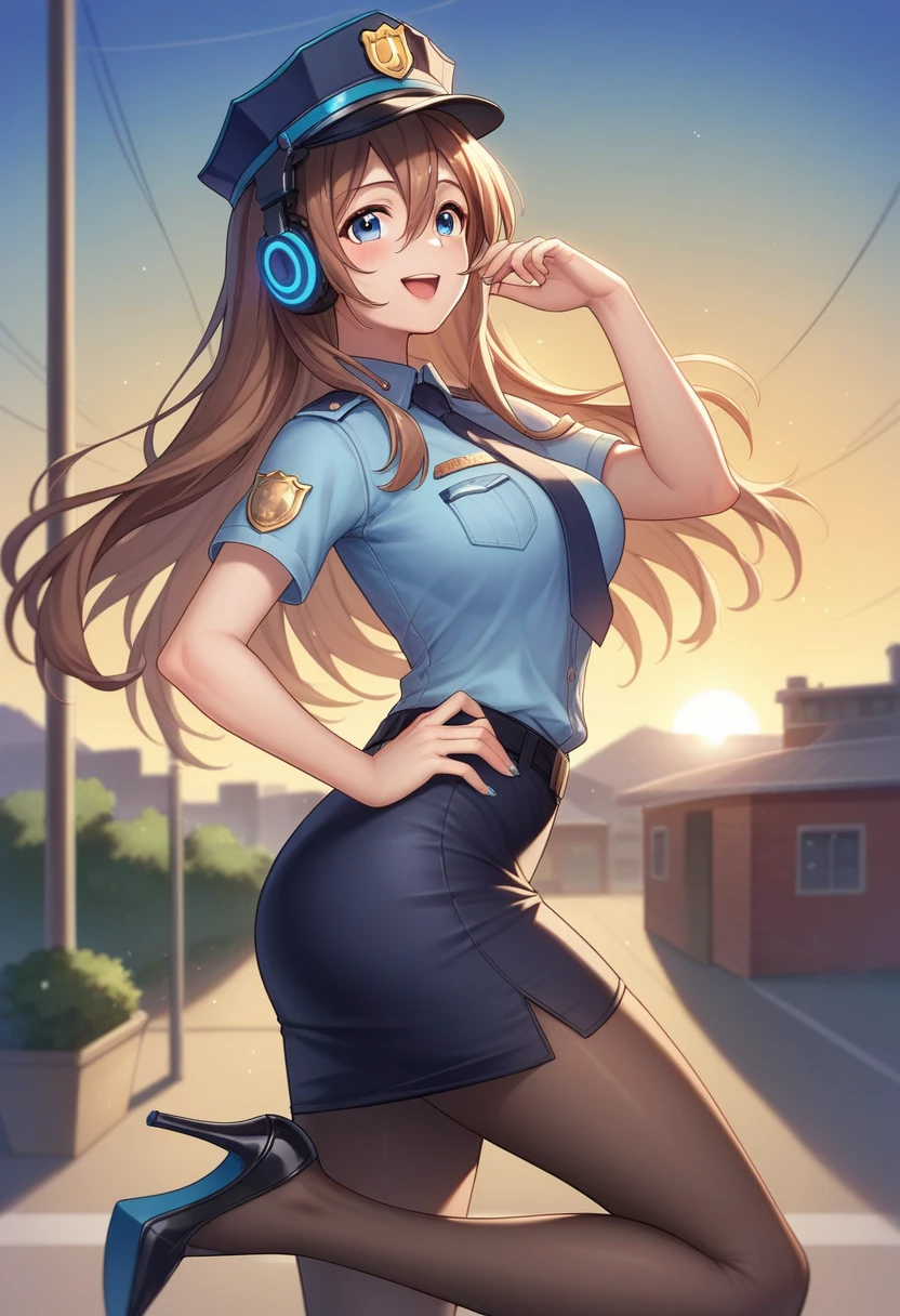 miku nakano, Nakano Miku Ticket III, long hair, bangs, blue eyes, brown hair, hair between eyes, headphones ,police hat,smile,blush,open your mouth,sexy police uniform,black pencil skirt,black pantyhose,stiletto heels,The girl salutes with her left hand,Place your right hand on your hip.,Looking up,sunrise,morning,sun,
break outdoors, In town,building street,
break looking at viewer, (cowboy shot:1.5), (Upper body:1.5),
break (masterpiece:1.2), highest quality, High resolution, unity 8k wallpaper, (figure:0.8), (detailed and beautiful eyes:1.6), highly detailed face, perfect lighting, Very detailed CG, (perfect hands, perfect anatomy),