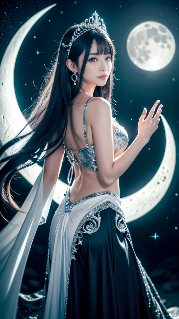 **Prompt:** Create an ultra-realistic 8K resolution image of Tsukuyomi, the Japanese moon god from Shinto mythology, reimagined as the ultimate magical girl while retaining the deity's iconic features. Tsukuyomi is depicted as a stunning magical girl with long, flowing silver hair that shimmers with a subtle luminescence, cascading gracefully down her back. Her eyes, a captivating silver, glow with the soft light of the moon, reflecting both wisdom and mystical power.
She wears an elaborate, moon-themed magical girl outfit. The dress is a blend of deep midnight blue and shimmering silver, designed with layers of flowing fabric that resemble the night sky. The bodice is adorned with intricate silver embroidery in the shape of crescent moons and stars, with a large, glowing moon crystal embedded in the center. Her skirt is flared and layered, each layer representing different phases of the moon, with sparkling silver accents.
Her accessories include silver crescent moon earrings, a tiara shaped like a crescent moon resting on her forehead, and a flowing cape that sparkles with tiny stars, giving her an ethereal, otherworldly presence. She wields a magical staff topped with a large crescent moon, glowing with an inner light, and surrounded by floating, silver stars.
Her expression is a perfect blend of determination and serenity, with a slight smile that conveys her confidence in her magical powers. The background shows a mystical night sky filled with stars, with the full moon shining brightly behind her, casting a soft glow over the entire scene. Floating in the air around her are sparkling silver orbs, representing her magical abilities, creating an atmosphere that is both powerful and enchanting, capturing the essence of Tsukuyomi as the ultimate magical girl.