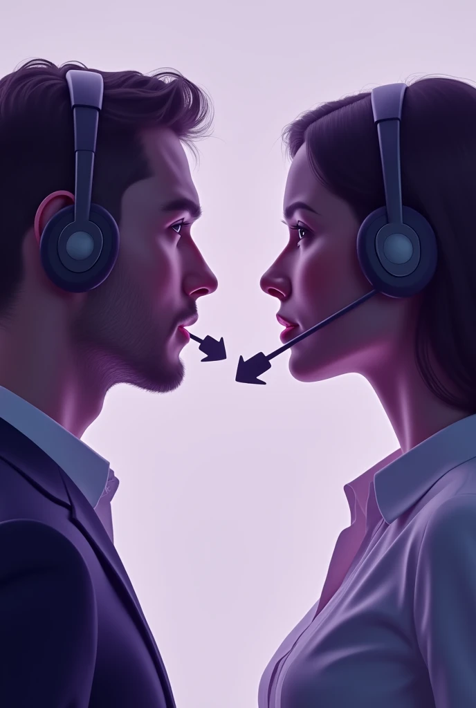 Create visual for 2 people connecting to each other again. Put arrows saying theyre reconnected after 180 days. Violet white theme, half body shot, headset on like call center. Business settings