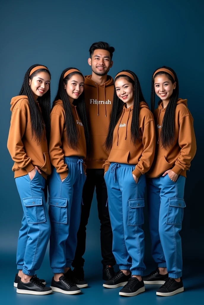 Create a four full body beautiful Thai women's smiling wearing a brown hoodie and blue cargo pants with brown headband and black beautiful adidas shoes, black long braids hairstyles and also 1 handsome man wearing a brown hoodie and blue cargo pants black beautiful shoes standing dark blue background and the background has black written " Team fhyrrah " "admins " looking at the camera. Photography