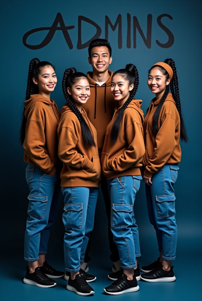 Create a four full body beautiful Thai women's smiling wearing a brown hoodie and blue cargo pants with brown headband and black beautiful adidas shoes, black long braids hairstyles and also 1 handsome man wearing a brown hoodie and blue cargo pants black beautiful shoes standing dark blue background and the background has black written " Team fhyrrah " "admins " looking at the camera. Photography 