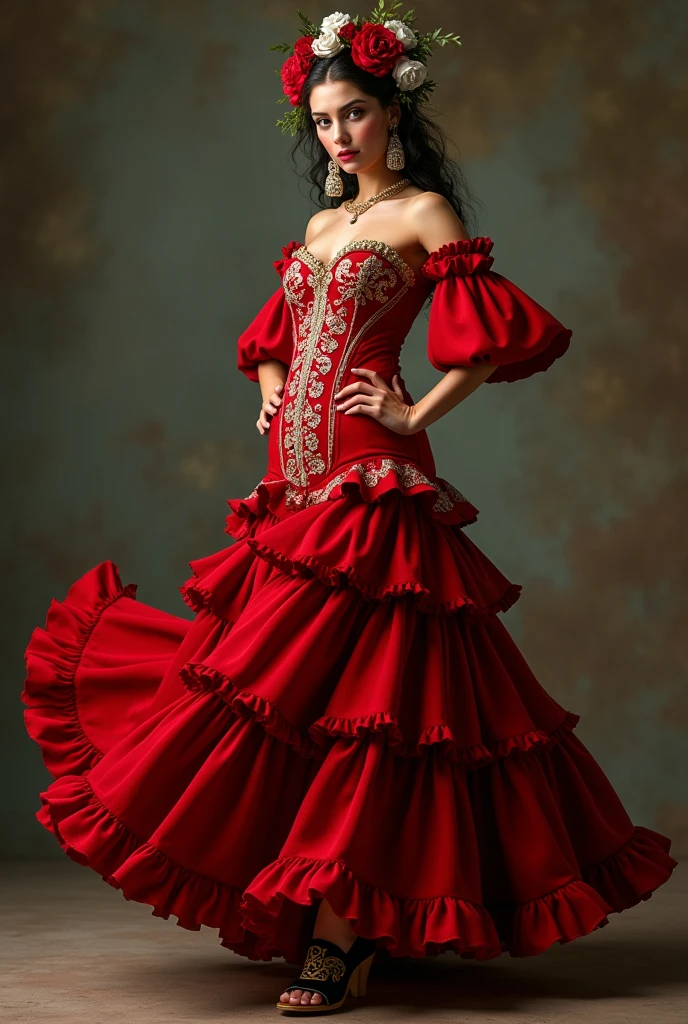 Create an image of a female character inspired by Spanish flamenco dancing, dressed in an elegant flamenco dress. Character should be depicted as romaní beaytiful woman. Their eyes should be large and pearl gray.., with an enigmatic glow. Hair, long and wavy, It should be collected in a low bun decorated with red and white flowers... The flamenco dress should be deep red with curly ruffles that add movement when dancing... The bodice of the dress should be decorated with gold embroidery imitating intricate patterns.., with white details evoking ancient masks. Earrings should be large and fan-shaped with red details.., y los zapatos deben ser de charol negro con tacones de madera y bordados dorados Character  llevar una flor roja en el cabello. Character&#39;Your posture and attitude should be elegant and determined.., that reflects a combination of strength and beauty of flamenco dance